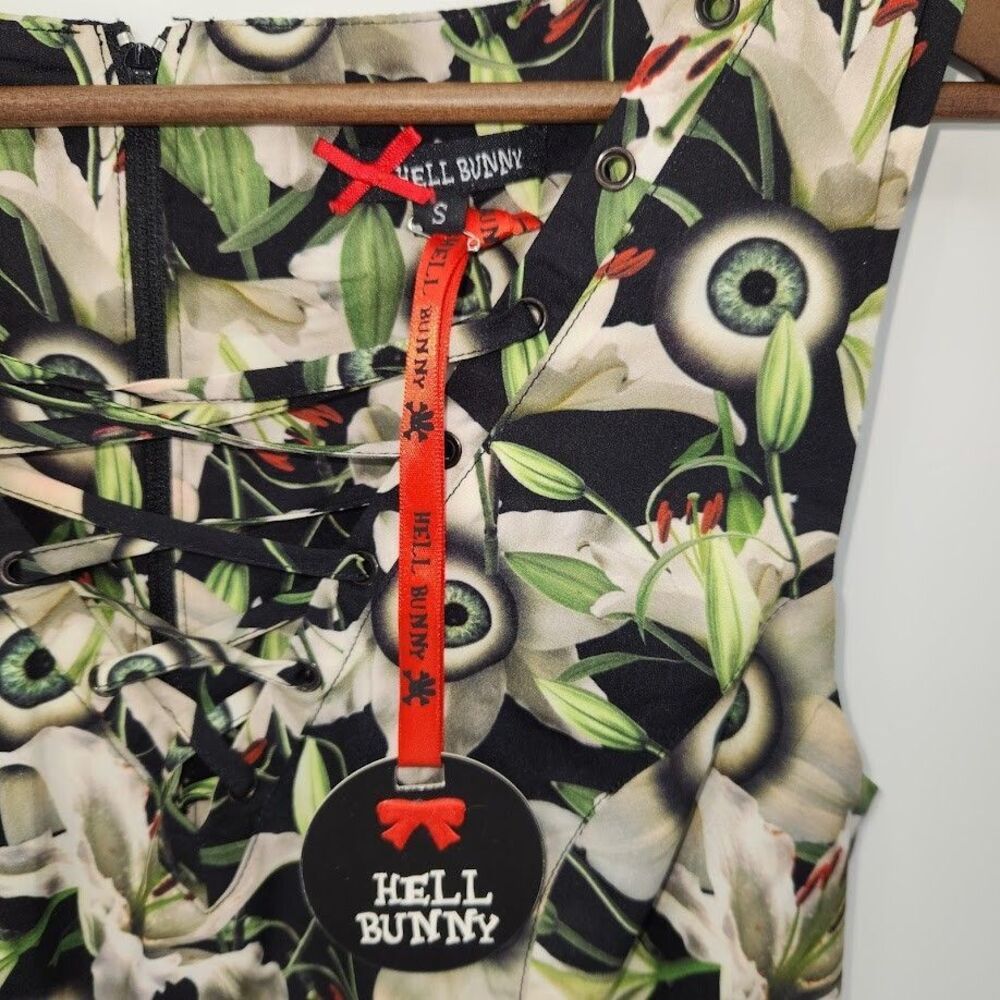 New Hell Bunny Peepers Fit & Flare Dress Eyeball Lilly Flowers Print Small - Picture 4 of 5